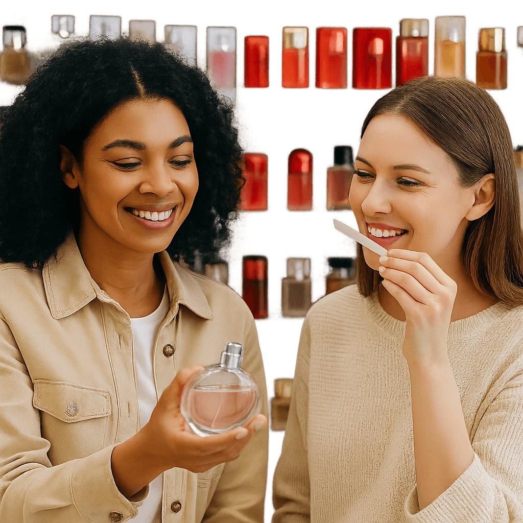 Mujeres eligiendo fragancias juntas