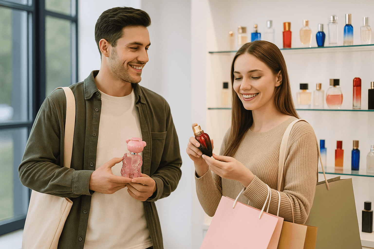 Pareja elegante en tienda de perfumes